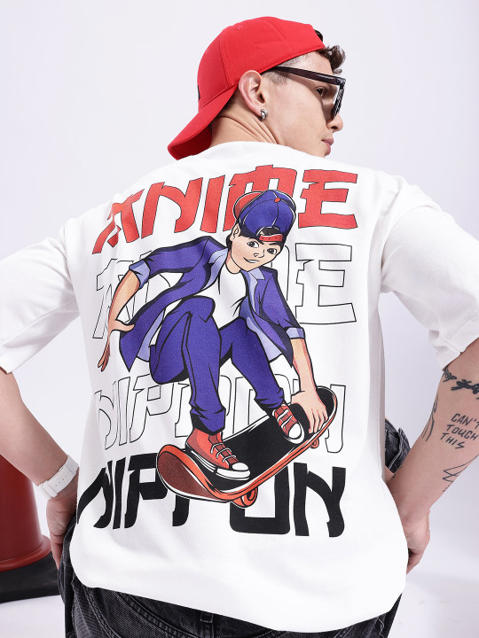 Minute Mirth Men’s Anime Nippon Graphic Printed Pure Cotton Oversized T-shirt (White, Pack Of 1)