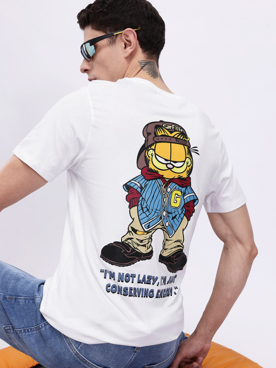 Minute Mirth Men’s Pure Cotton Garfield Graphic Printed T-shirt (White, Pack Of 1)