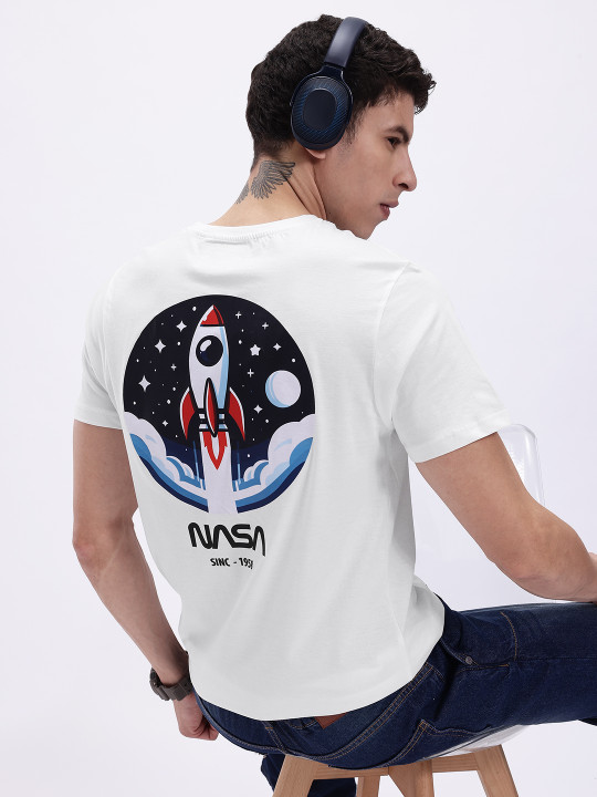 Minute Mirth Men’s Pure Cotton NASA Graphic Printed T-shirt (White, Pack Of 1)