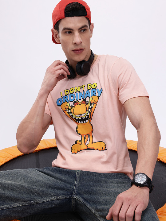 Minute Mirth Men’s Pure Cotton Garfield Printed T-shirt (Peach, Pack Of 1)