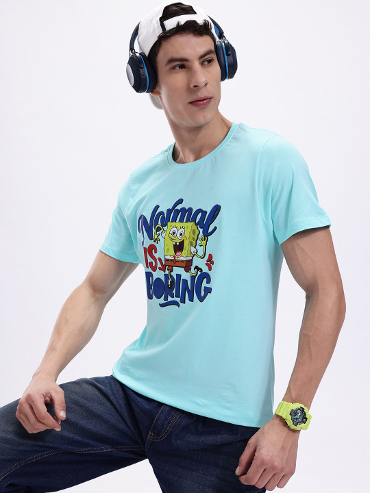 Minute Mirth Men’s Pure Cotton Spongebob Printed T-shirt (Blue, Pack Of 1)