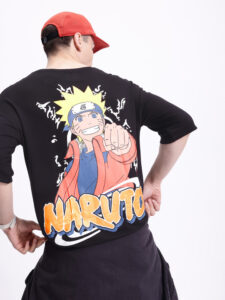 Minute Mirth Men's Modal Naruto Printed Drop-Shoulder T-shirt (Black, Pack Of 1)
