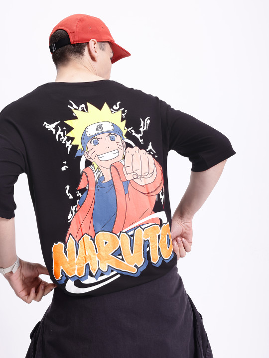Minute Mirth Men’s Modal Naruto Printed Drop-Shoulder T-shirt (Black, Pack Of 1)