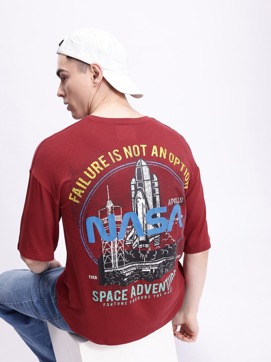 Minute Mirth Men’s Modal NASA Graphic Printed Drop-Shoulder T-shirt (Maroon, Pack Of 1)