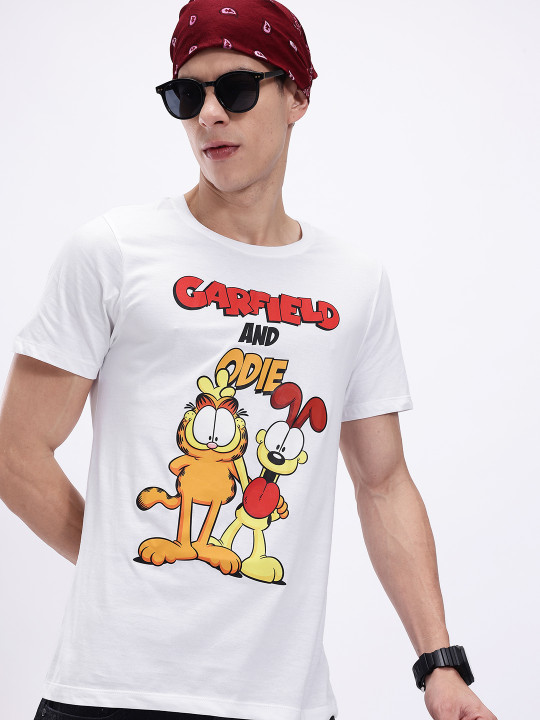 Minute Mirth Men’s Pure Cotton Garfield Graphic Printed T-shirt (White, Pack Of 1)
