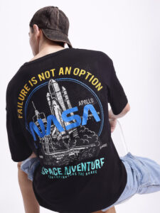 Minute Mirth Men's Modal NASA Graphic Printed Drop-Shoulder T-shirt (Black, Pack Of 1)