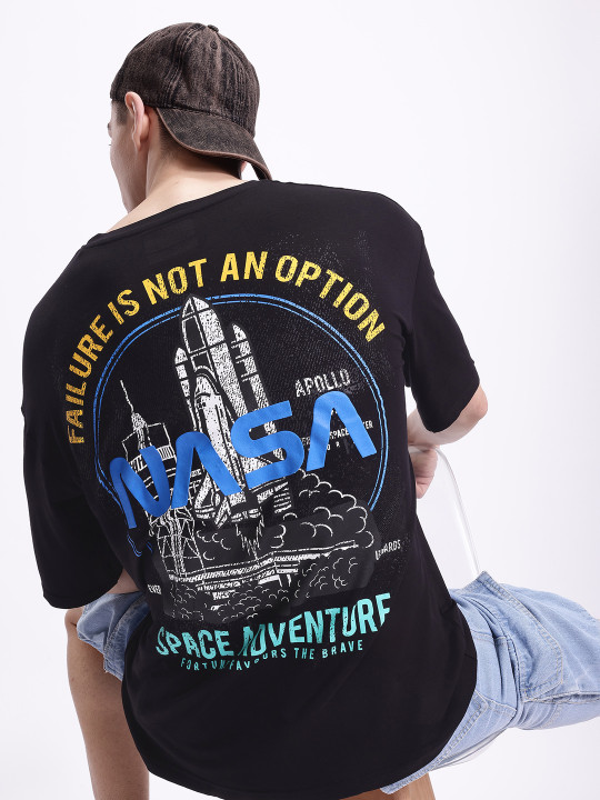 Minute Mirth Men’s Modal NASA Graphic Printed Drop-Shoulder T-shirt (Black, Pack Of 1)