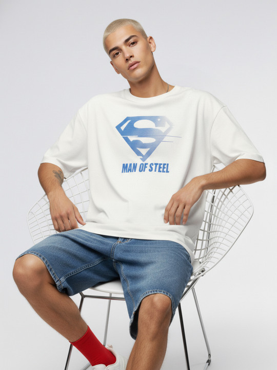 Minute Mirth Men’s Modal Superman Printed Drop-Shoulder T-shirt (White, Pack Of 1)