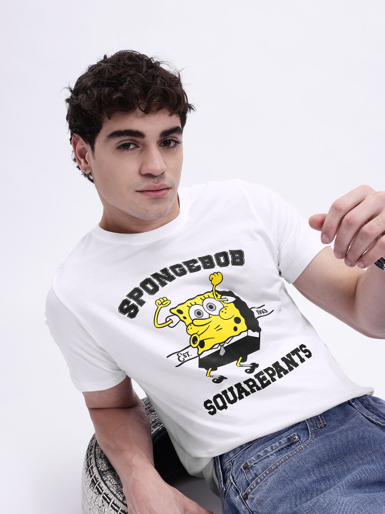 Minute Mirth Men’s Pure Cotton Spongebob Graphic Printed T-shirt (White, Pack Of 1)