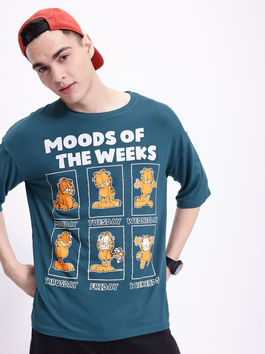 Minute Mirth Men’s Cotton Blend Garfield Printed Drop-Shoulder T-shirt (Blue, Pack Of 1)