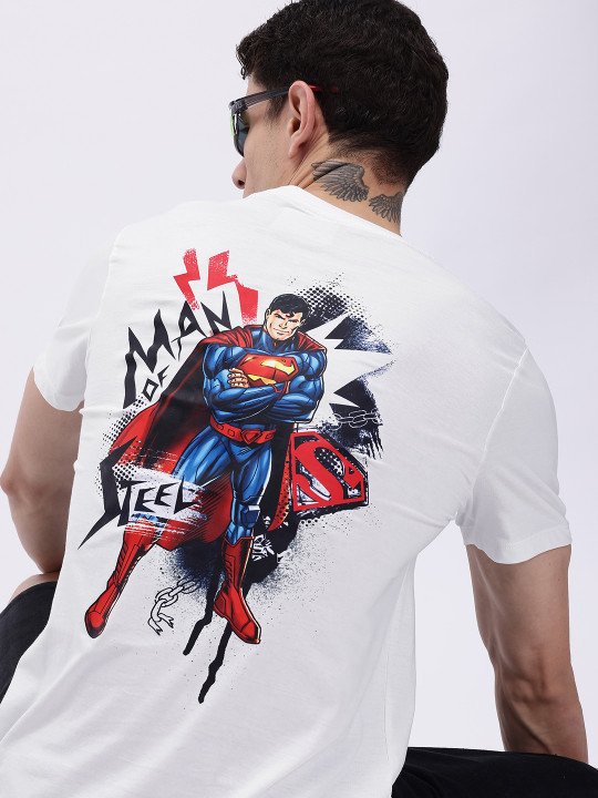 Minute Mirth Men’s Pure Cotton Superman Printed T-shirt (White, Pack Of 1)
