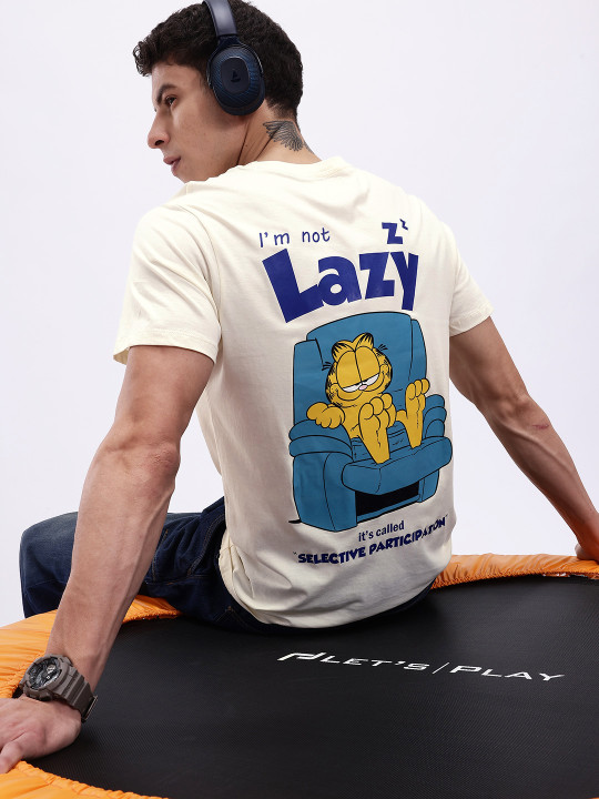 Minute Mirth Men’s Pure Cotton Garfield Printed T-shirt (Cream, Pack Of 1)
