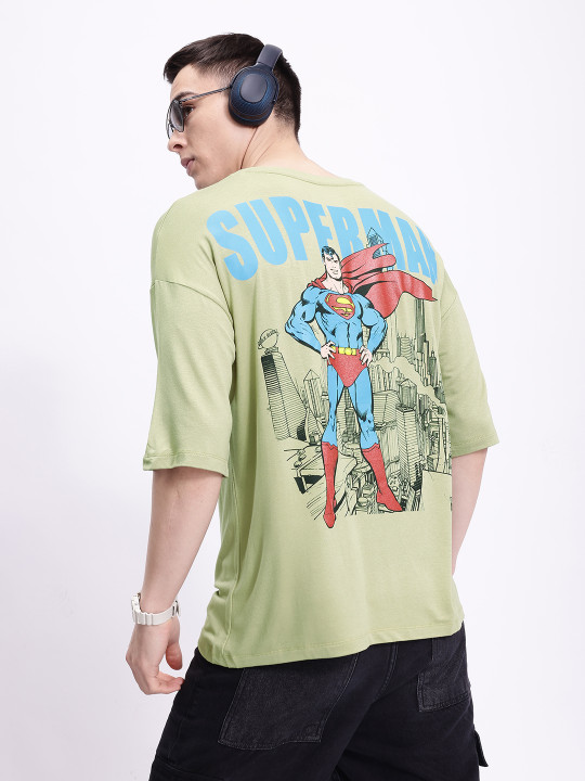 Minute Mirth Men’s Modal Superman Printed Drop-Shoulder T-shirt (Green, Pack Of 1)