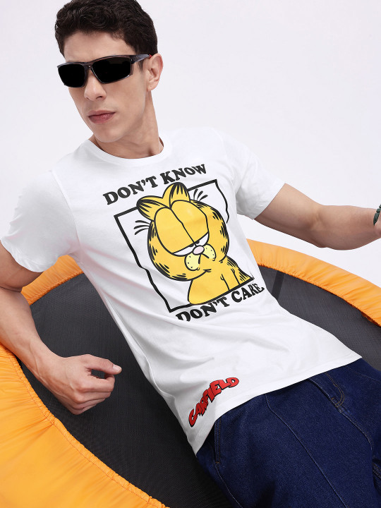 Minute Mirth Men’s Cotton Garfield Graphic Printed T-shirt (White, Pack Of 1)