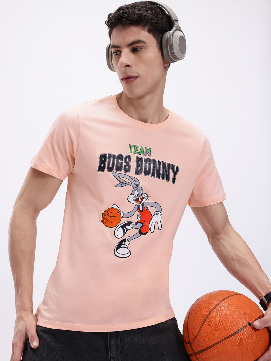 Minute Mirth Men’s Pure Cotton Looney Tunes Printed T-shirt (Peach, Pack Of 1)