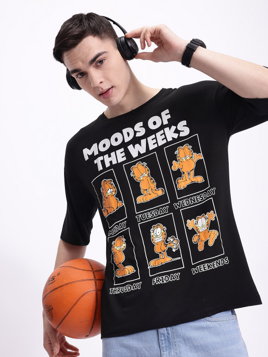 Minute Mirth Men’s Cotton Blend Garfield Printed Drop-Shoulder T-shirt (Black, Pack Of 1)