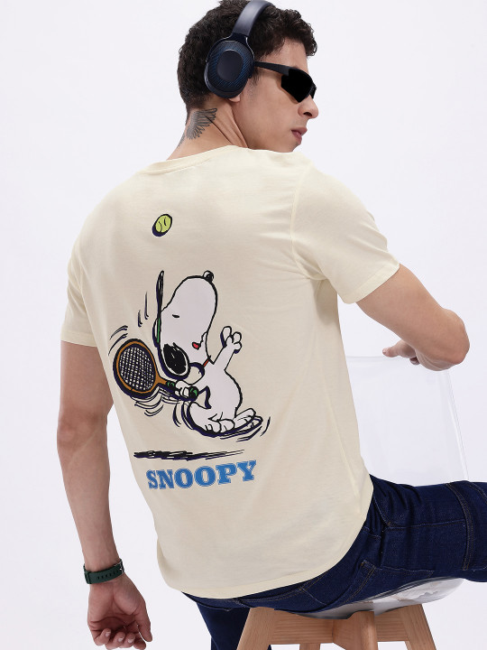 Minute Mirth Men’s Cotton Snoopy Graphic Printed T-shirt (Cream, Pack Of 1)