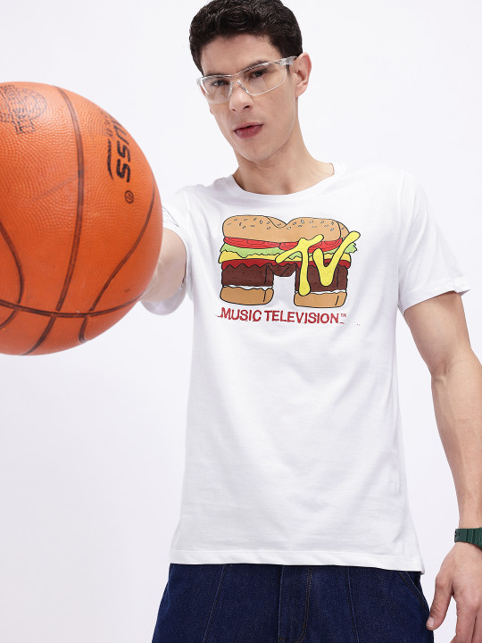 Minute Mirth Men’s Pure Cotton MTV Graphic Printed T-shirt (White, Pack Of 1)