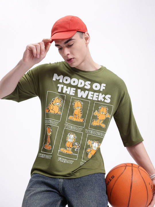 Minute Mirth Men’s Cotton Blend Garfield Graphic Printed T-shirt (Green, Pack Of 1)