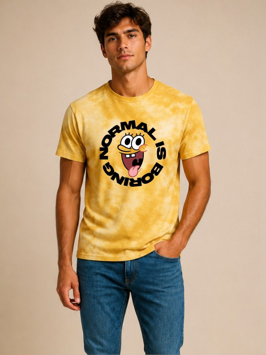 Minute Mirth Men’s Cotton Blend Spongebob Graphic Dyed T-shirt (Yellow, Pack Of 1)