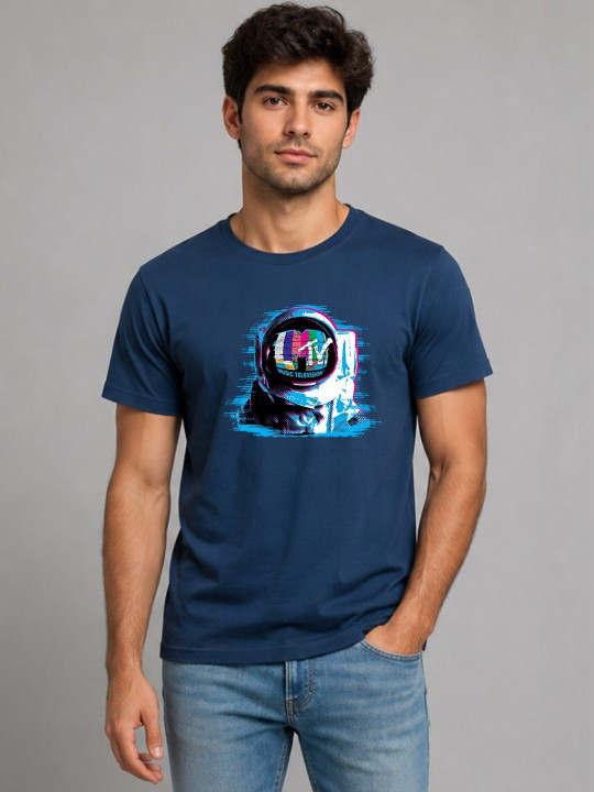 Minute Mirth Men’s Pure Cotton MTV Graphic Printed T-shirt (Navy Blue, Pack Of 1)