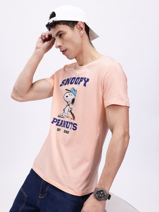 Minute Mirth Men’s Pure Cotton Peanuts Printed T-shirt (Peach, Pack Of 1)