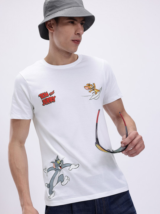 Minute Mirth Men’s Pure Cotton Tom & Jerry Printed T-shirt (White, Pack Of 1)