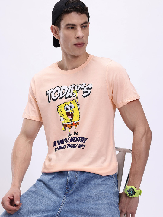 Minute Mirth Men’s Pure Cotton Spongebob Printed T-shirt (Peach, Pack Of 1)