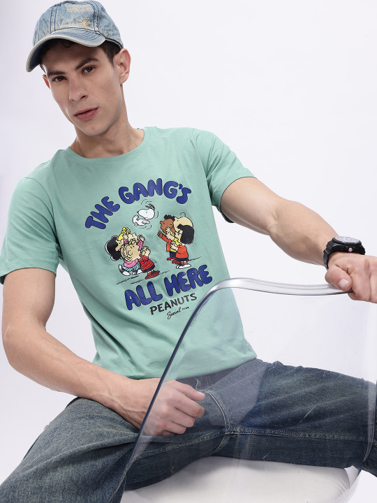 Minute Mirth Men’s Pure Cotton Peanuts Printed T-shirt (Green, Pack Of 1)