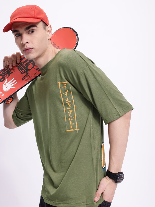 Minute Mirth Men’s Modal Naruto Printed Drop-Shoulder T-shirt (Olive Green, Pack Of 1)