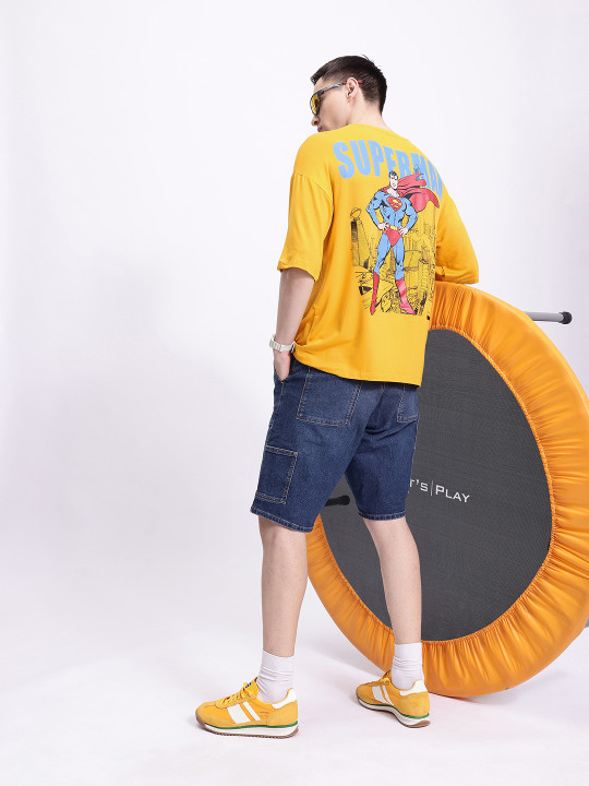 Minute Mirth Men’s Modal Superman Printed Drop-Shoulder T-shirt (Mustard Yellow, Pack Of 1)