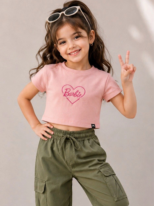 Minute Mirth Girl’s Barbie Logo Printed Ribbed Cotton Boxy T-shirt (Peach, Pack Of 1)