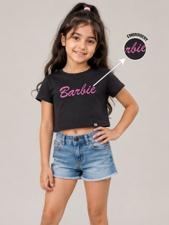 Minute Mirth Girl’s Barbie Brand Logo Printed Cotton T-shirt (Black, Pack Of 1)