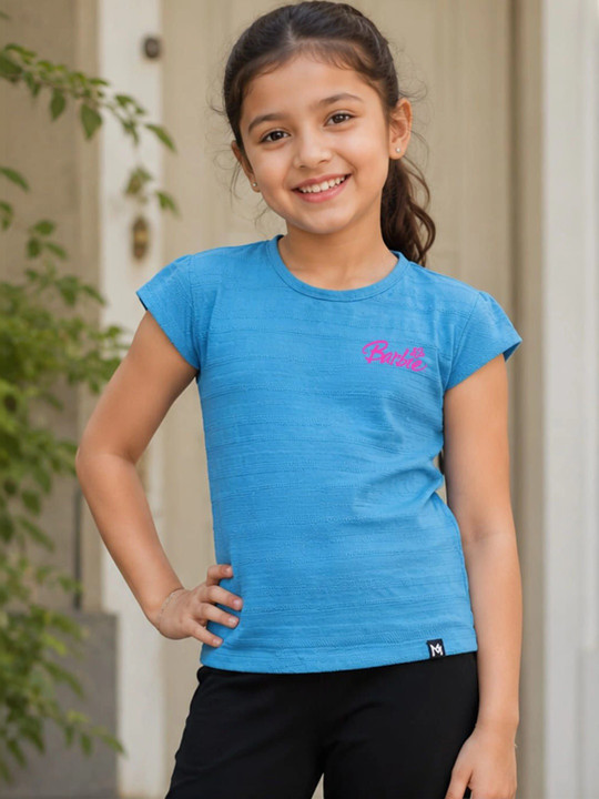 Minute Mirth Girl’s Barbie Typography Textured Cotton Blend T-shirt (Blue, Pack Of 1)