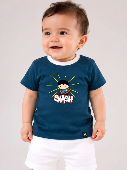 Minute Mirth Boy’s Superman Graphic Printed Cotton Blend T-shirt (Blue, Pack Of 1)