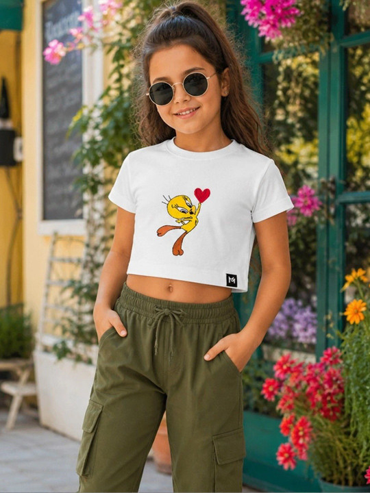 Minute Mirth Girl’s Tweety Graphic Printed Ribbed Cotton Boxy T-shirt (White, Pack Of 1)