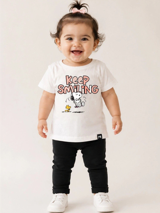 Minute Mirth Girl’s Snoopy Graphic Printed Cotton T-shirt (White, Pack Of 1)