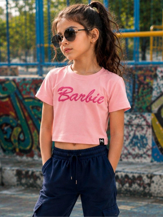 Minute Mirth Girl’s Barbie Typography Printed Ribbed Cotton Boxy T-shirt (Pink, Pack Of 1)