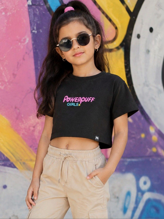 Minute Mirth Girl’s Powerpuff Girls Typography Printed Ribbed Cotton Boxy T-shirt (Black, Pack Of 1)