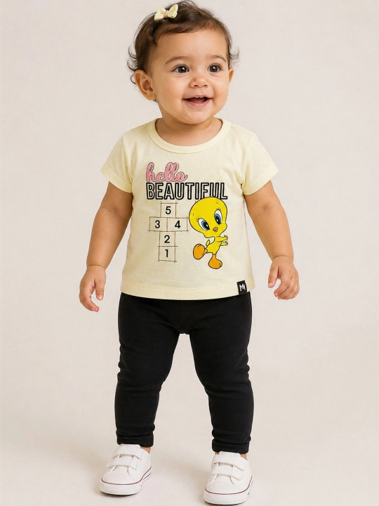 Minute Mirth Girl’s Tweety Graphic Printed Cotton T-shirt (Yellow, Pack Of 1)