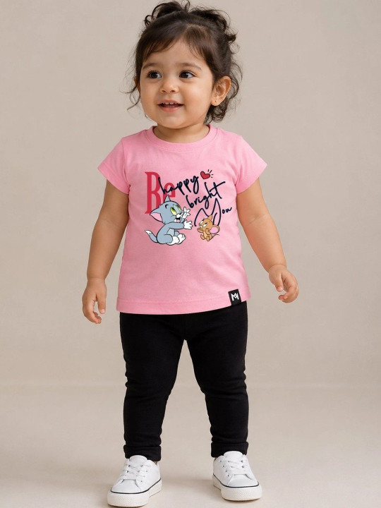 Minute Mirth Girl’s Tom & Jerry Graphic Printed Cotton T-shirt (Pink, Pack Of 1)