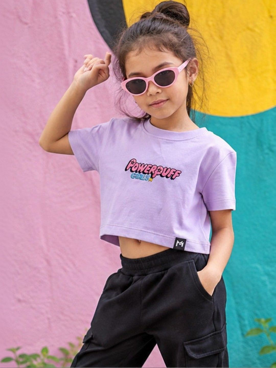 Minute Mirth Girl’s Powerpuff Girls Graphic Printed Ribbed Cotton Boxy T-shirt (Mauve, Pack Of 1)