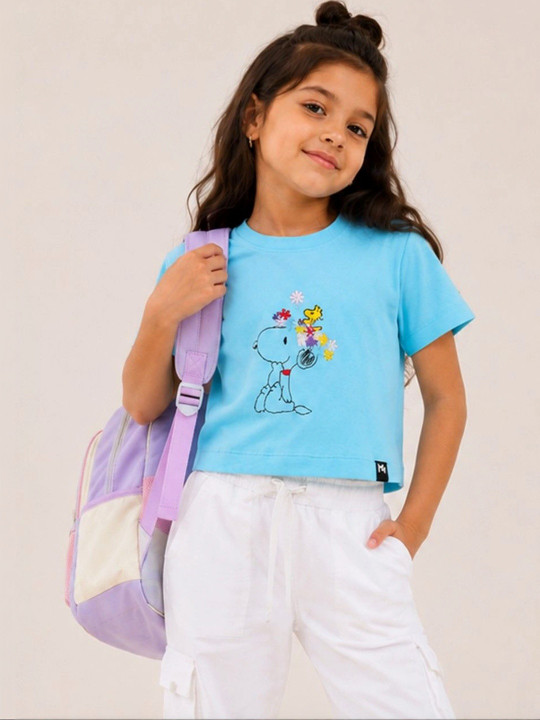 Minute Mirth Girl’s Snoopy Graphic Printed Ribbed Cotton Boxy T-shirt (Blue, Pack Of 1)