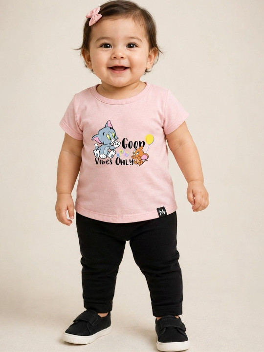 Minute Mirth Girl’s Tom & Jerry Graphic Printed Cotton T-shirt (Pink, Pack Of 1)