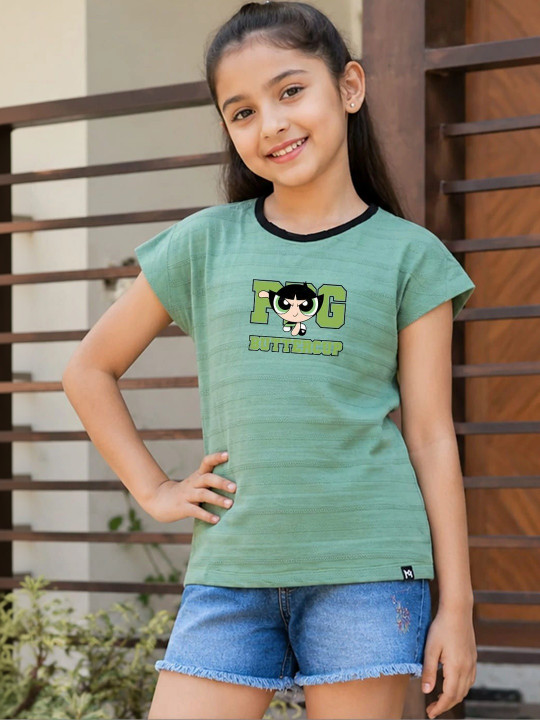 Minute Mirth Girl’s Powerpuff Girls Graphic Printed Cotton Blend T-shirt (Green, Pack Of 1)