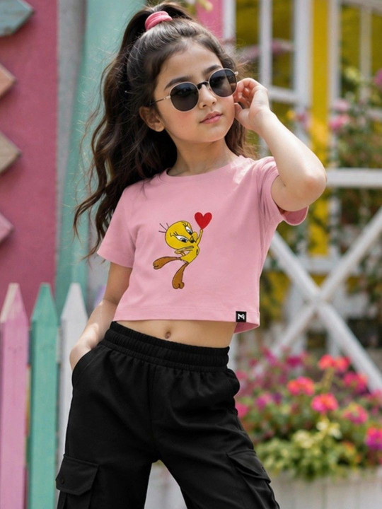 Minute Mirth Girl’s Tweety Graphic Printed Cotton Boxy T-shirt (Pink, Pack Of 1)