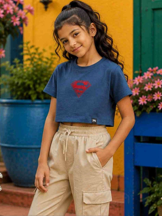 Minute Mirth Girl’s Superman Graphic Printed Cotton Boxy T-shirt (Blue, Pack Of 1)